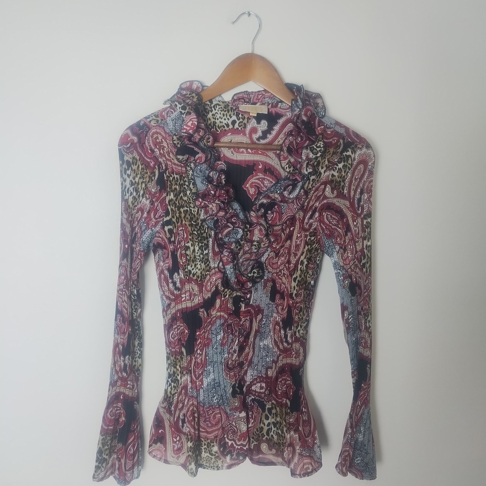 Cathaya Ruffle Blouse Womens M Multicolor Paisley Leopard Plisse Y2K Whimsigoth